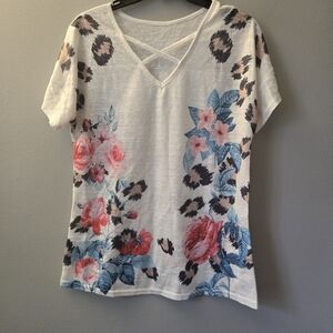 Floral Cheetah Womens Sheer Knit V Neck Short Sleeve Shirt